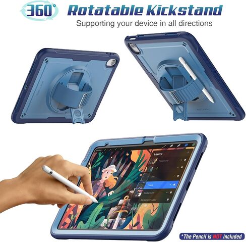 SEYMAC stock Case for iPad A16 11-inch 11th/10th Generation (2025/2022) | Protective Case with Screen Protector, 360° Rotating Stand, Pencil Holder, Loop Nylon Hand Strap, Shoulder Strap, Black in Kuwait