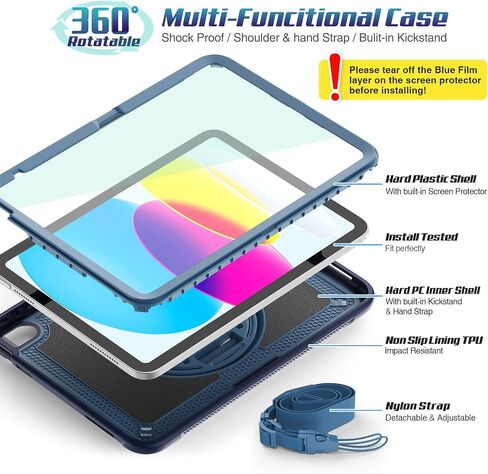 SEYMAC stock Case for iPad A16 11-inch 11th/10th Generation (2025/2022) | Protective Case with Screen Protector, 360° Rotating Stand, Pencil Holder, Loop Nylon Hand Strap, Shoulder Strap, Black in Kuwait