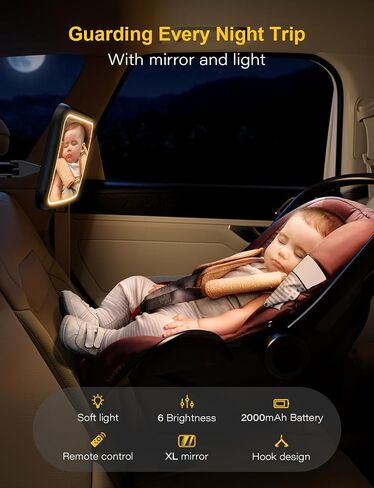 Baby Car Mirror With Light for Baby Rechargeable Baby Mirror for Car Seat Rear Facing Hook Clip Design Car Seat Mirror for Baby Rear Facing Crystal Clear view ShatterProof With Remote Control in Saudi Arabia