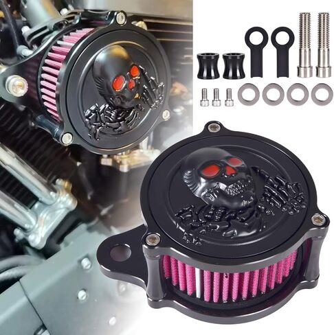 Goldfire دراجة نارية منقي هواء مرشحات قابل للغسل باستخدام الحاسب الآلي ثلاثية الأبعاد هيكل عظمي جمجمة مع عيون حمراء منقي هواء مدخل مرشح عدة يناسب هارلي سبورتستر الحديد 883 الظلام مخصص XL883 1200 2004-2017 الملحقات in Saudi Arabia