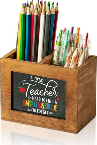 mallmall6 هدايا تقدير المعلم حامل قلم رصاص مربع الشكل حامل قلم السبورة للمعلم، منظم سطح المكتب الخشبي الذي لا ينسى هدية عيد ميلاد لديكور المدرسة والمكتب والفصول الدراسية in Kuwait