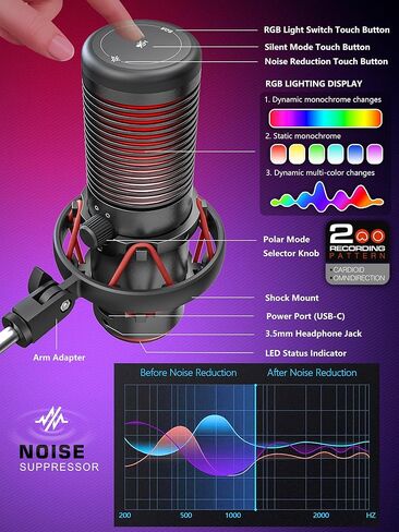 ميكروفون مكثف، ميكروفون USB مع حامل للصدمات، ميكروفون للألعاب مع كتم سريع، مؤشر RGB، للكمبيوتر الشخصي PS5، الألعاب، البث، البودكاست (أسود) in Kuwait
