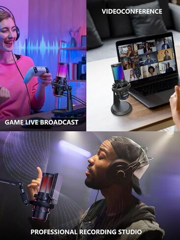 ميكروفون مكثف، ميكروفون USB مع حامل للصدمات، ميكروفون للألعاب مع كتم سريع، مؤشر RGB، للكمبيوتر الشخصي PS5، الألعاب، البث، البودكاست (أسود) in Kuwait