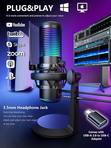 ميكروفون مكثف، ميكروفون USB مع حامل للصدمات، ميكروفون للألعاب مع كتم سريع، مؤشر RGB، للكمبيوتر الشخصي PS5، الألعاب، البث، البودكاست (أسود) in Kuwait