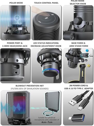 ميكروفون مكثف، ميكروفون USB مع حامل للصدمات، ميكروفون للألعاب مع كتم سريع، مؤشر RGB، للكمبيوتر الشخصي PS5، الألعاب، البث، البودكاست (أسود) in Kuwait