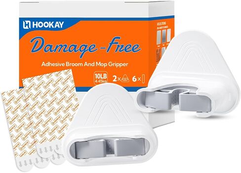 hookay 10lbs Broom and Mop Grippers, Damage-Free Hanging Wall Mount Broom Holder, No Tools Removable Hanging Organizer for home organization, Holds up to 10 lb, 2 Hangers and 6 Adhesive Strips in Saudi Arabia