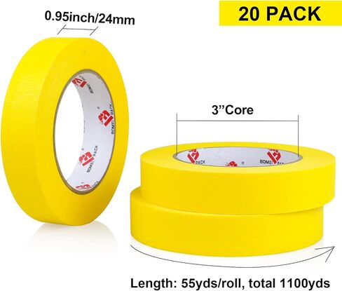 Bomi Pack Pack Painters الشريط 1 بوصة بالجملة - شريط الطلاء 20 لفات × 1 بوصة × 55 ياردة - شريط تقنيع أصفر لطلاء الجدران ، صياغة DIY ، تشطيب الحافة والمدرسة ، إجمالي 1100 ياردة in Kuwait