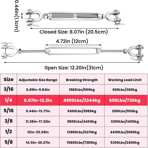 4 Pack Turnbuckle 1/4 M6 304 Stainless Steel Turnbuckle, 1600 lbs Working Load Limit, Jaw and Jaw Turnbuckles for Cables Wire Tensioner, Turnbuckle for Shade Sail, Yard Zipline in Saudi Arabia