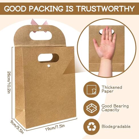 4 Pack Eco-Friendly Kraft Mom's Gift Bags – Birthday Party, Baby & Bridal Shower Favors | Extra Sturdy 250 GSM, Vintage Flap Lid with Hand-Painted Hearts, Pink Bows – Reusable Decorative Bags for Women Gifts in Saudi Arabia