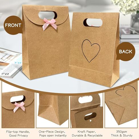4 Pack Eco-Friendly Kraft Mom's Gift Bags – Birthday Party, Baby & Bridal Shower Favors | Extra Sturdy 250 GSM, Vintage Flap Lid with Hand-Painted Hearts, Pink Bows – Reusable Decorative Bags for Women Gifts in Saudi Arabia