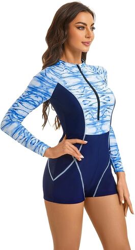 OBEEII Women One Piece Swimsuit Summer Long Sleeve Surfing Rash Guard Boyleg Beachwear Slim Fit Zip Up Bathing Suit in Kuwait