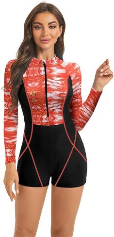 OBEEII Women One Piece Swimsuit Summer Long Sleeve Surfing Rash Guard Boyleg Beachwear Slim Fit Zip Up Bathing Suit in Kuwait