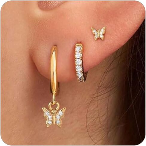 3 Pairs Gold Earrings for Women 14K Gold Plated Hypoallergenic Dainty Small Stud Bow Clover Butterfly Pearl Heart Dangle Cartilage Stacks Huggie Hoop Earrings Sets for Women Gold Jewelry Gifts in Kuwait