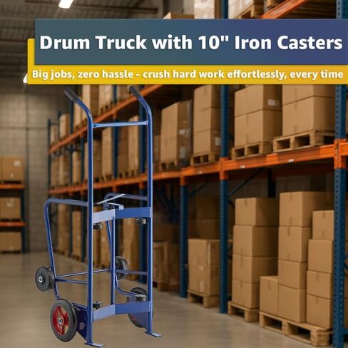 Heavy-Duty Commercial 900 lb Drum Hand Truck Dolly - Steel Cart with 10" Iron & 6" Rubber Wheels, Dual Handles, Kickstand Design for 30-85 Gallon Drums, Warehouse, Industrial Use in Kuwait