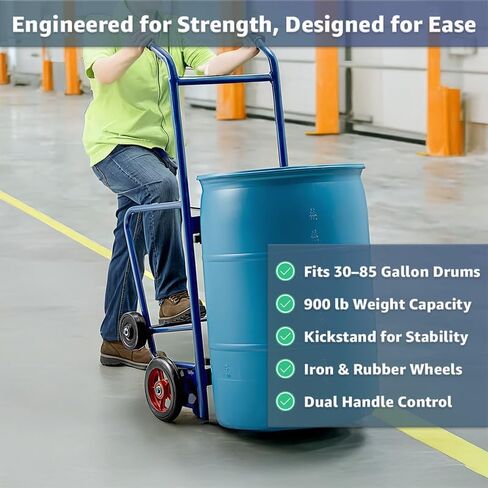 Heavy-Duty Commercial 900 lb Drum Hand Truck Dolly - Steel Cart with 10" Iron & 6" Rubber Wheels, Dual Handles, Kickstand Design for 30-85 Gallon Drums, Warehouse, Industrial Use in Kuwait