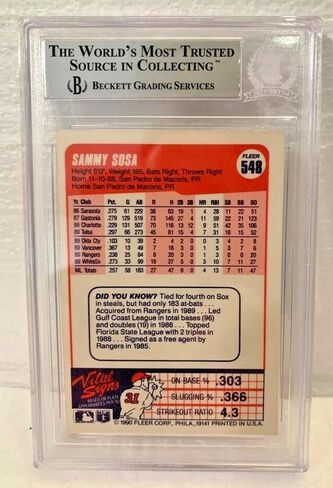 Sox Sammy Sosa Signed 1990 Fleer RC Card Beckett BAS Slabbed #548 - Baseball Slabbed Autographed Cards in Saudi Arabia