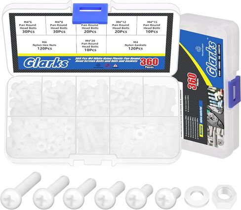 Glarks 360pcs M4 × 6/8/10/12/15/15/20 مم نايلون فيليبس بروت براغي طقم غسالة نايلون فيليبس برغي رأس مستدير للعديد من تطبيقات التثبيت الصناعية المختلفة in Kuwait