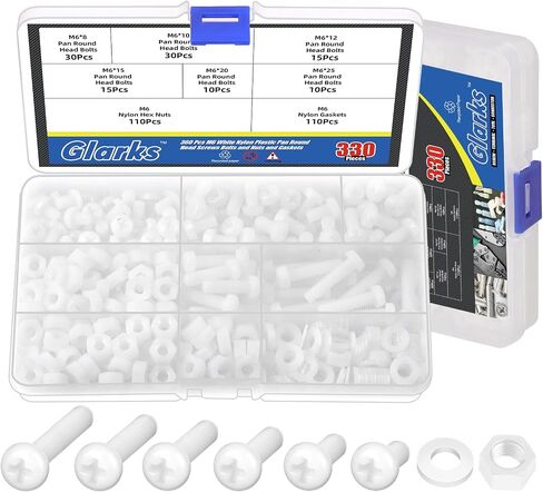 Glarks 360pcs M4 × 6/8/10/12/15/15/20 مم نايلون فيليبس بروت براغي طقم غسالة نايلون فيليبس برغي رأس مستدير للعديد من تطبيقات التثبيت الصناعية المختلفة in Kuwait