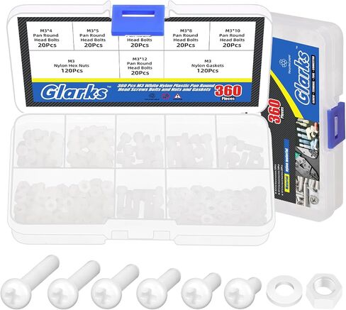 Glarks 360pcs M4 x 6/8/10/12/15/20MM Nylon Phillips Pan Head Screws Nut Washer Kit, White Nylon Phillips Cross Round Head Machine Screw for Various Industrial Fastening Applications in Saudi Arabia