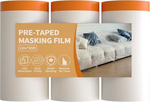 فيلم إخفاء مسجل للطلاء - 22 "× 65 بوصة صفائح لفائف بلاستيكية مع شريط طلاء للسيارات و drape أفلام الطلاء البلاستيكية للنوافذ والأبواب والجدران وإخفاء الطلاء السيارات （3 لفات） in Kuwait