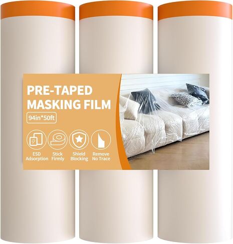 فيلم إخفاء مسجل للطلاء - 22 "× 65 بوصة صفائح لفائف بلاستيكية مع شريط طلاء للسيارات و drape أفلام الطلاء البلاستيكية للنوافذ والأبواب والجدران وإخفاء الطلاء السيارات （3 لفات） in Kuwait