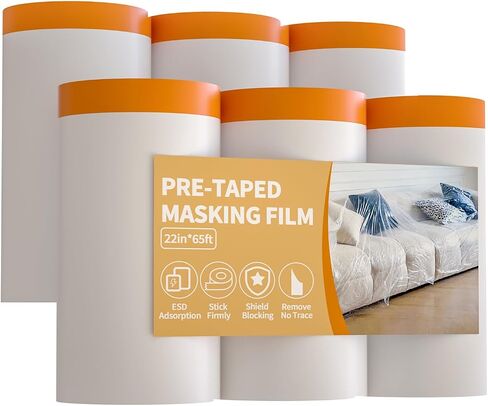 فيلم إخفاء مسجل للطلاء - 22 "× 65 بوصة صفائح لفائف بلاستيكية مع شريط طلاء للسيارات و drape أفلام الطلاء البلاستيكية للنوافذ والأبواب والجدران وإخفاء الطلاء السيارات （3 لفات） in Kuwait