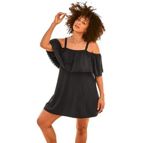 Swim 365 Women's Plus Size Laser-Cut Off-The-Shoulder Swim Dress in Kuwait