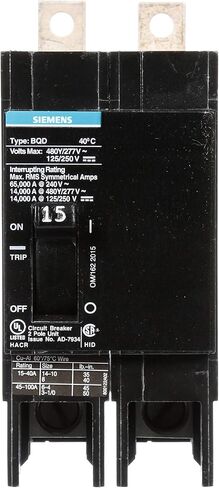 Siemens BQD215 15-Amp Double Pole 480Y/277V AC - 125/250V DC 14KAIC Bolt in Breaker in Saudi Arabia