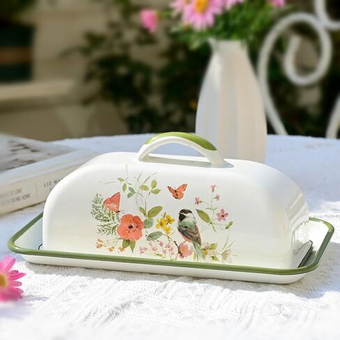 Enamel Butter Dish with Lid Vintage Enamelware Butter Keeper with Flower and Bird Patterns Farmhouse Butter Container Butter holder for Countertop Kitchen Decor in Kuwait