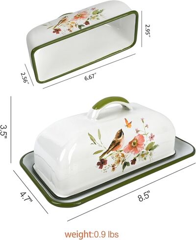 Enamel Butter Dish with Lid Vintage Enamelware Butter Keeper with Flower and Bird Patterns Farmhouse Butter Container Butter holder for Countertop Kitchen Decor in Kuwait