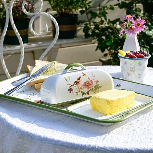 Enamel Butter Dish with Lid Vintage Enamelware Butter Keeper with Flower and Bird Patterns Farmhouse Butter Container Butter holder for Countertop Kitchen Decor in Kuwait