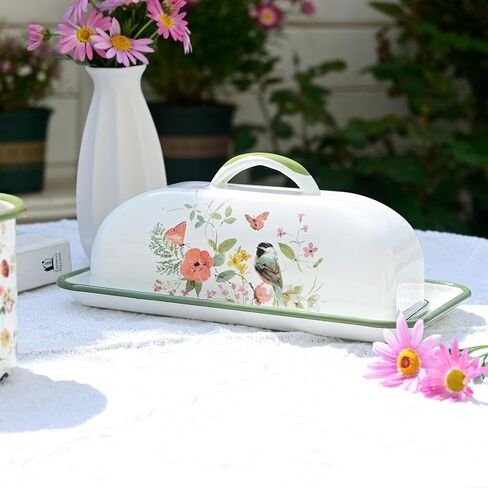 Enamel Butter Dish with Lid Vintage Enamelware Butter Keeper with Flower and Bird Patterns Farmhouse Butter Container Butter holder for Countertop Kitchen Decor in Kuwait