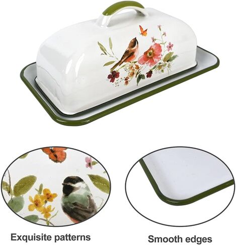 Enamel Butter Dish with Lid Vintage Enamelware Butter Keeper with Flower and Bird Patterns Farmhouse Butter Container Butter holder for Countertop Kitchen Decor in Kuwait