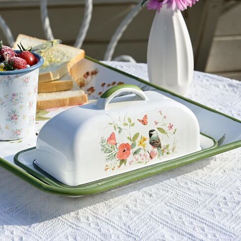 Enamel Butter Dish with Lid Vintage Enamelware Butter Keeper with Flower and Bird Patterns Farmhouse Butter Container Butter holder for Countertop Kitchen Decor in Kuwait