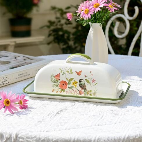 Enamel Butter Dish with Lid Vintage Enamelware Butter Keeper with Flower and Bird Patterns Farmhouse Butter Container Butter holder for Countertop Kitchen Decor in Kuwait