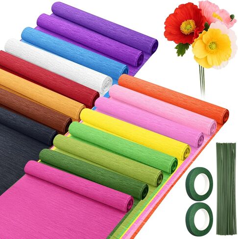 Humyoun 30 Pack Crepe Paper Rolls 16 Inch Wide 8.2ft Long Crepe Paper Flower Streamer with 60 Floral Stem Wires and 2 Floral Tapes for Flower Making DIY Gift Birthday Wedding Decorations in Saudi Arabia