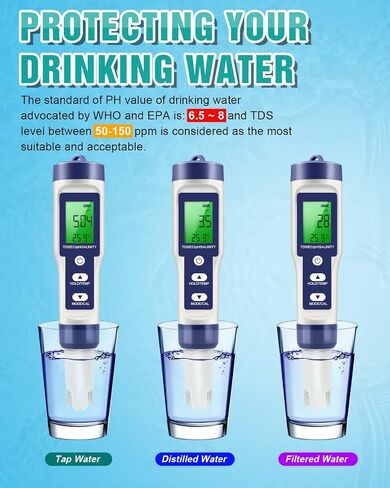 5 في 1 TDS/EC/PH متر - اختبار الملح ومياه الشرب لحوض السمك ، الزراعة المائية ومسبح - دقة عالية ، 0.01 قياس مستوى درجة الحرارة والملح in Kuwait