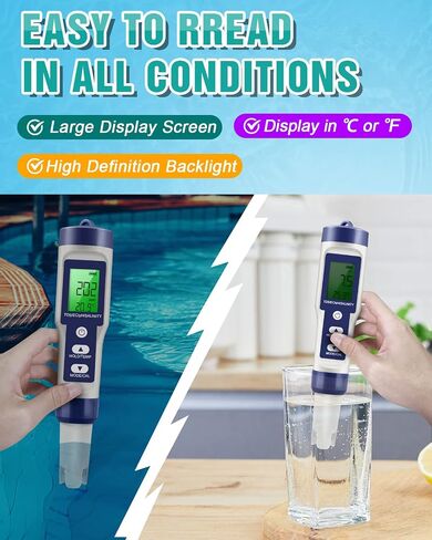 5 في 1 TDS/EC/PH متر - اختبار الملح ومياه الشرب لحوض السمك ، الزراعة المائية ومسبح - دقة عالية ، 0.01 قياس مستوى درجة الحرارة والملح in Kuwait