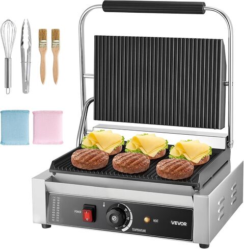 Vevor Commercial Panini Grill ، 1800W صانع شطيرة شطيرة كهربائية ، شطائر من الفولاذ المقاوم للصدأ مكبس مع مقبض والتحكم في درجة الحرارة ، 13.5 × 9.3 in Kuwait