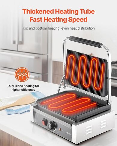 Vevor Commercial Panini Grill ، 1800W صانع شطيرة شطيرة كهربائية ، شطائر من الفولاذ المقاوم للصدأ مكبس مع مقبض والتحكم في درجة الحرارة ، 13.5 × 9.3 in Kuwait