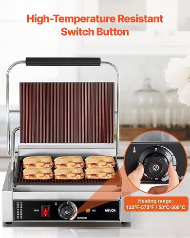 Vevor Commercial Panini Grill ، 1800W صانع شطيرة شطيرة كهربائية ، شطائر من الفولاذ المقاوم للصدأ مكبس مع مقبض والتحكم في درجة الحرارة ، 13.5 × 9.3 in Kuwait