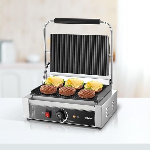 Vevor Commercial Panini Grill ، 1800W صانع شطيرة شطيرة كهربائية ، شطائر من الفولاذ المقاوم للصدأ مكبس مع مقبض والتحكم في درجة الحرارة ، 13.5 × 9.3 in Kuwait