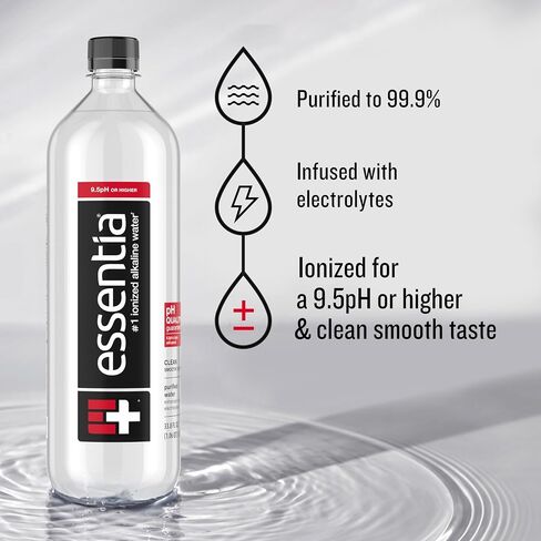 Essentia Water المعبأة في زجاجات ، مياه قلوية مؤينة: 99.9 ٪ نقية ، مملوءة بالكهرباء ، 9.5 درجة الحموضة أو أعلى مع طعم نظيف وسلس ، 1 لتر (حزمة 12) in Saudi Arabia