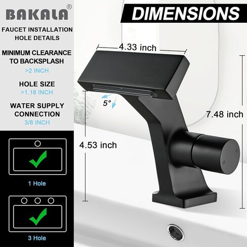 BAKALA Black Waterfall Bathroom Faucets, Single Hole Single Handle Brass Bathroom Sink Faucet Deck Mount, Rv Lavatory Vanity Faucet with 2 Supply Holes in Saudi Arabia