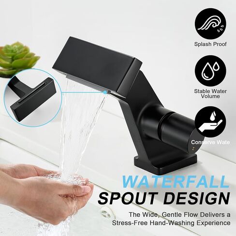 BAKALA Black Waterfall Bathroom Faucets, Single Hole Single Handle Brass Bathroom Sink Faucet Deck Mount, Rv Lavatory Vanity Faucet with 2 Supply Holes in Saudi Arabia