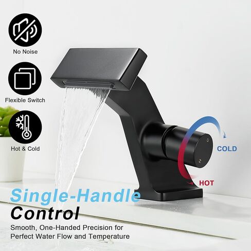 BAKALA Black Waterfall Bathroom Faucets, Single Hole Single Handle Brass Bathroom Sink Faucet Deck Mount, Rv Lavatory Vanity Faucet with 2 Supply Holes in Saudi Arabia