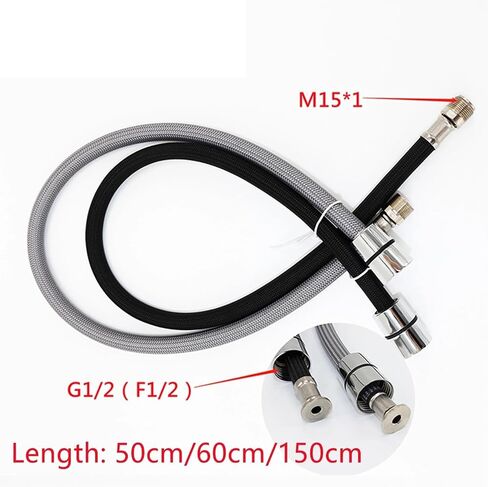 1PC 50/60/150cm F1/2 M15*1 Pull Out Faucet Hose Nylon Braided Flexible Water Hose(150cm Black) in Saudi Arabia
