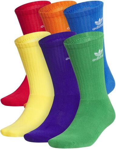 Adidas - Men's Originals Trefoil Rainbow Brights Crew Socks - 6-Pack | Size Large (8-12) | Red, Blue, Yellow(Gold), Green, Purple, Orange | IU6182B in Saudi Arabia