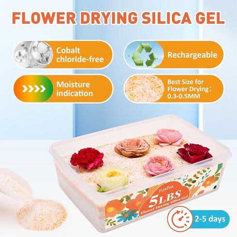 5LBS Silica Gel Flower Drying,Reusable Flower Drying Silica Gel Crystals with 6L Airtight Containers, Color Indicating Flower Preservation Kit for Drying Flowers Bead Size<1mm in Kuwait