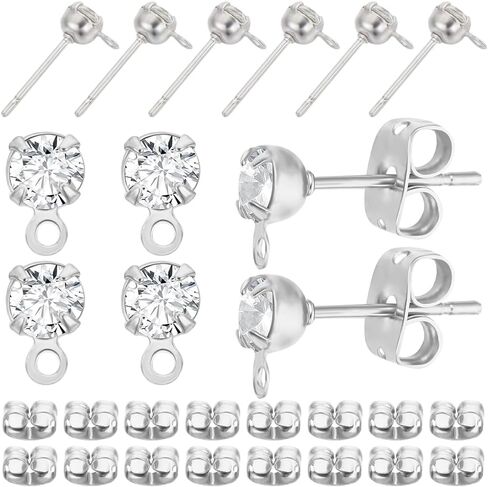Beebeecraft 1 Box 40Pcs Stud Earring Findings Platinum Plated Cubic Zirconia Post Studs Earrings with Loop and 40Pcs Butterfly Earring Backs for DIY Earring Jewellery Making in Saudi Arabia